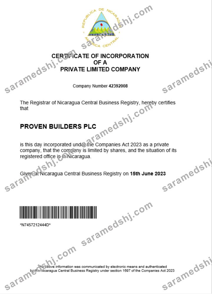 Nicaragua business registration certificate Word and PDF template